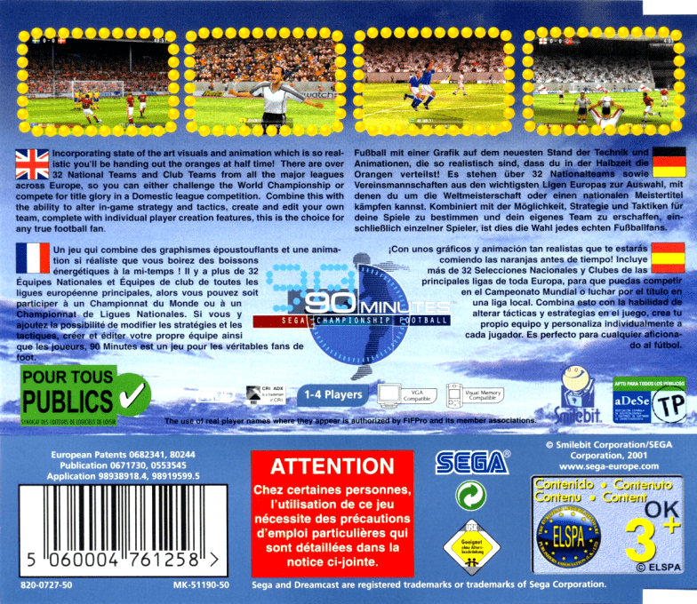 90 Minutes : Sega Championship Football — Box back