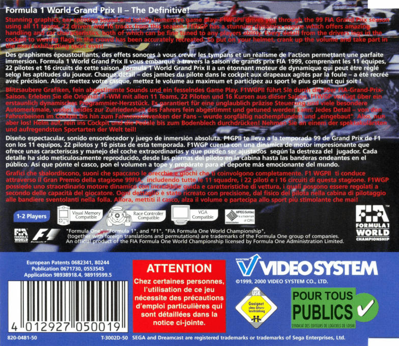 F1 World Grand Prix II for Dreamcast — Box back