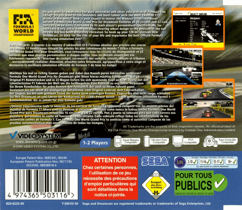F1 World Grand Prix for Dreamcast — Box back