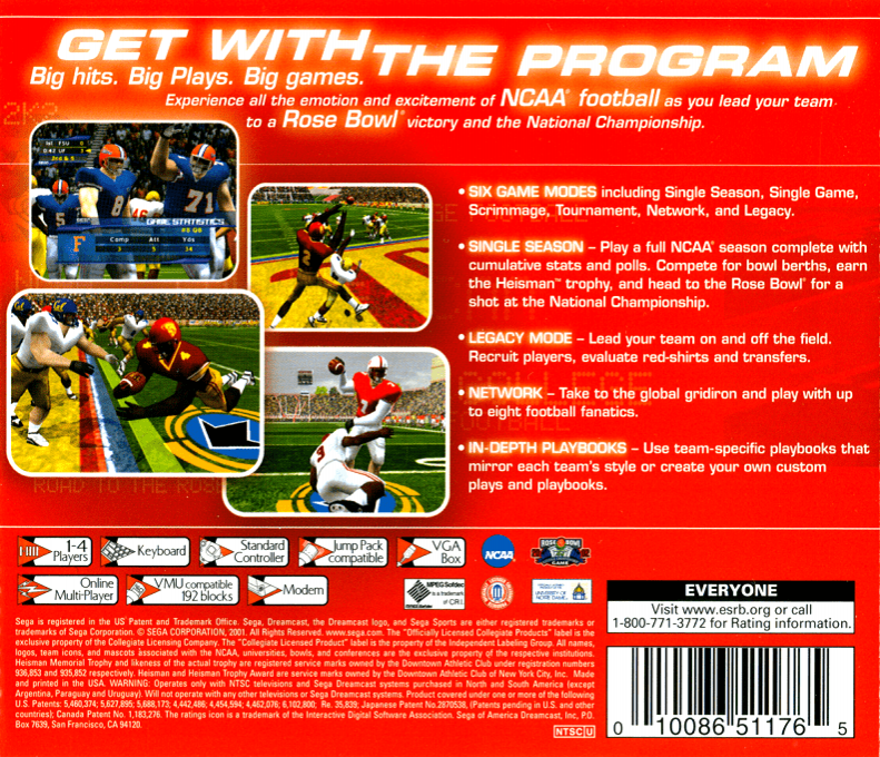 NCAA College Football 2K2 : Road to the Rose Bowl — Box back