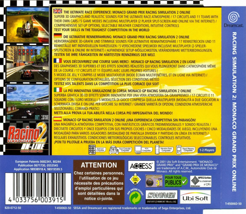 Racing Simulation 2 : Monaco Grand Prix Online — Box back