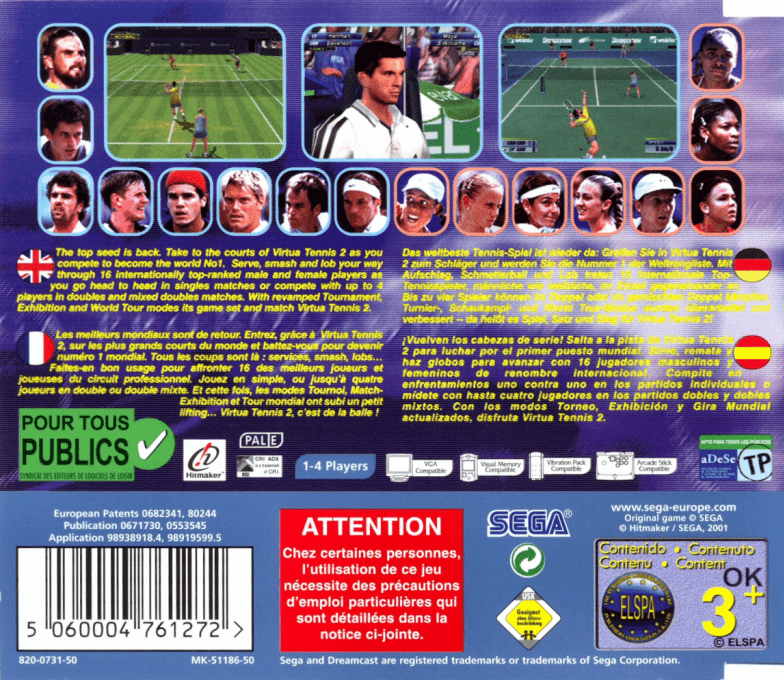 Virtua Tennis 2 : Sega Professional Tennis — Box back