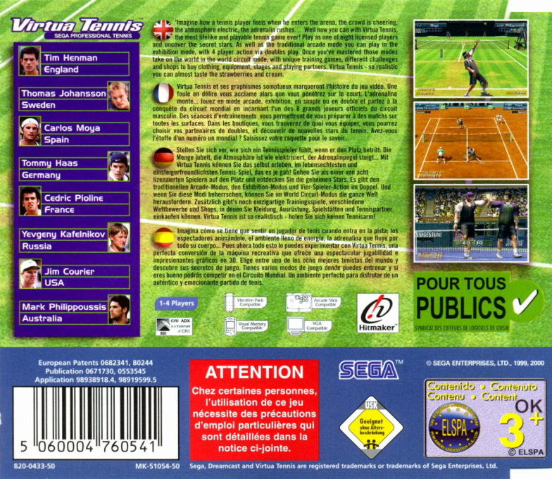Virtua Tennis : Sega Professional Tennis — Box back