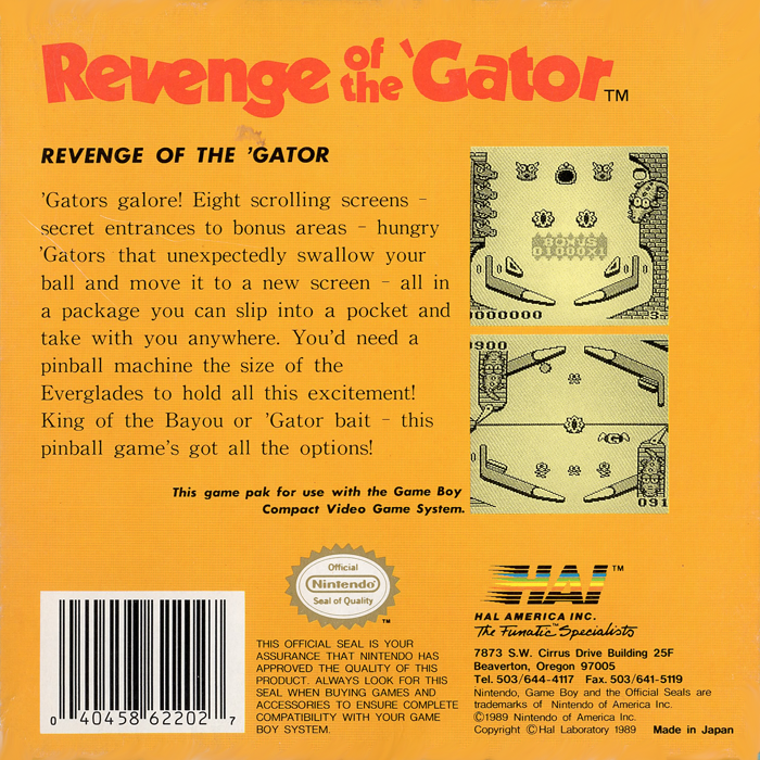 Pinball: Revenge of the Gator — Box back