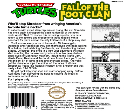 Teenage Mutant Ninja Turtles : Fall of the Foot Clan — Box back