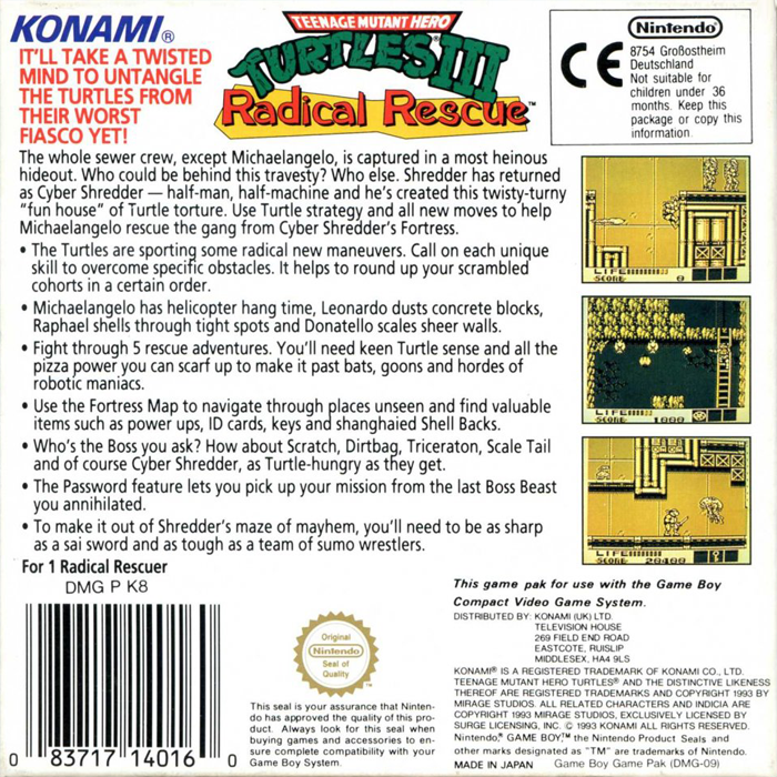 Teenage Mutant Ninja Turtles III : Radical Rescue — Box back
