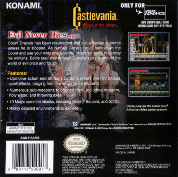 Castlevania : Circle of the Moon — Box back