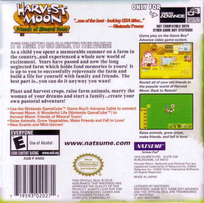 Harvest Moon : Friends of Mineral Town — Box back
