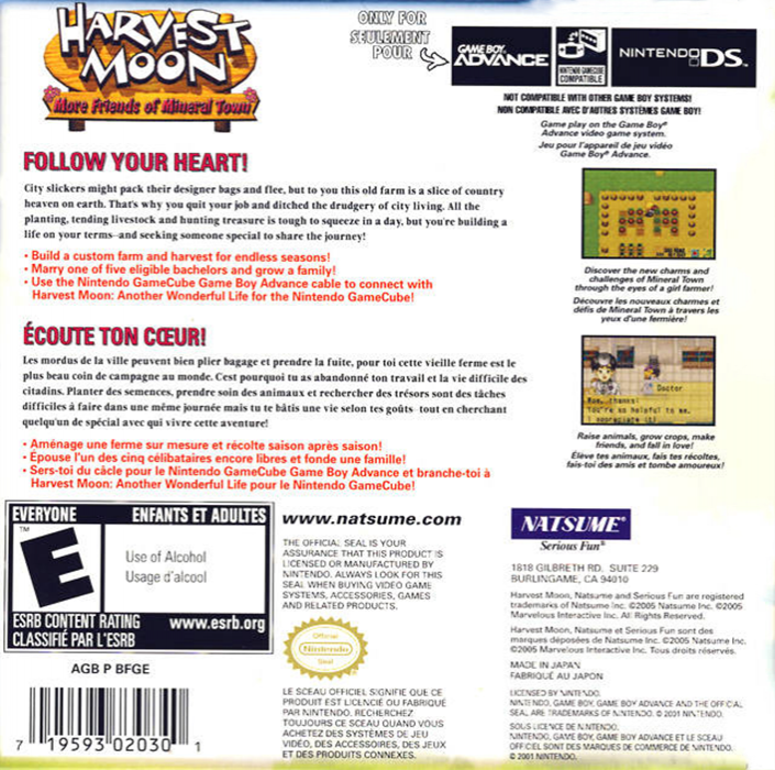 Harvest Moon : More Friends of Mineral Town — Box back