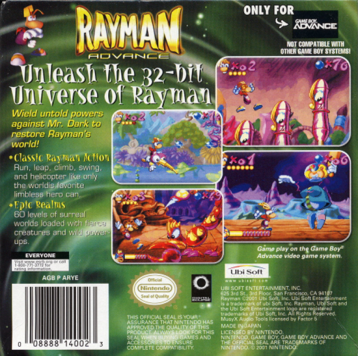Rayman Advance — Box back