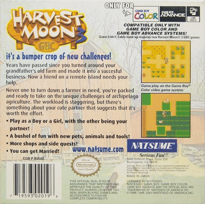 Harvest Moon 3 GBC — Box back