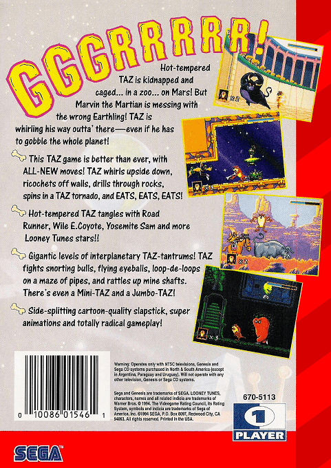 Taz in Escape from Mars — Box back