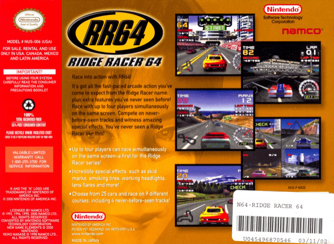 Ridge Racer 64 — Box back
