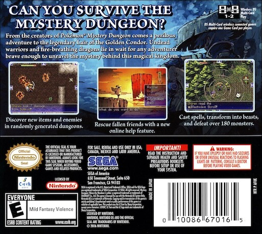 Mystery Dungeon - Shiren the Wanderer — Box back