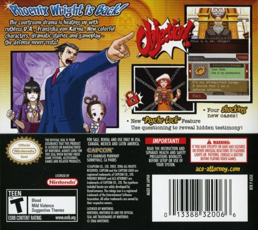 Phoenix Wright : Ace Attorney - Justice for All — Box back