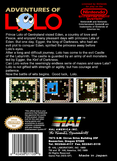 Adventures of Lolo — Box back