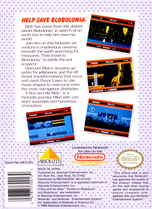 David Crane's A Boy and His Blob - Trouble on Blobolonia — Box back