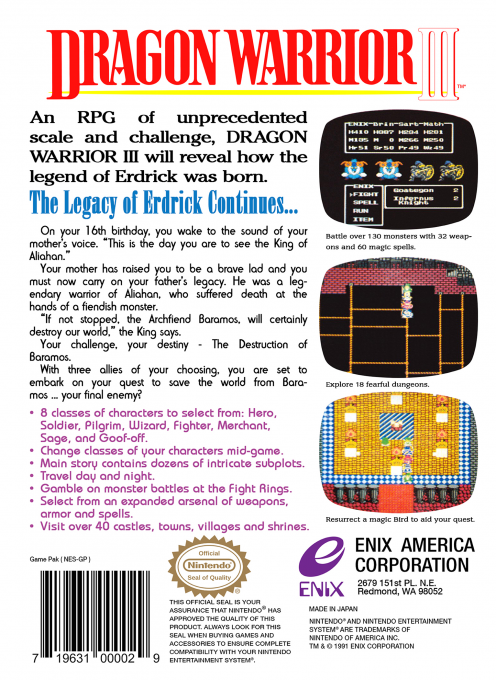 Dragon Warrior III — Box back