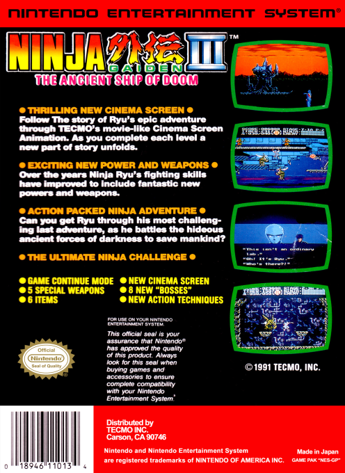 Ninja Gaiden III : The Ancient Ship of Doom — Box back