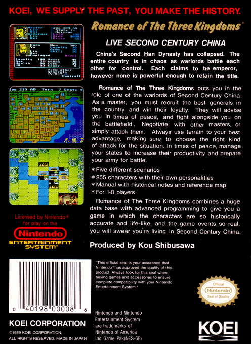 Romance of the Three Kingdoms — Box back