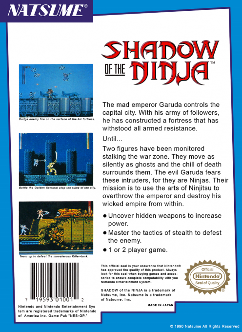 Shadow of the Ninja — Box back