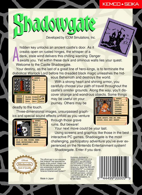 Shadowgate — Box back