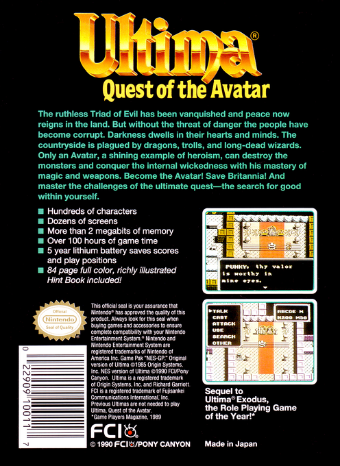 Ultima : Quest of the Avatar — Box back