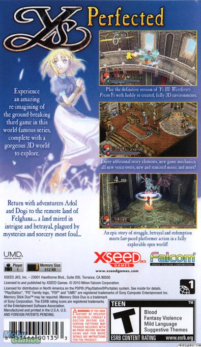 Ys : The Oath in Felghana — Box back