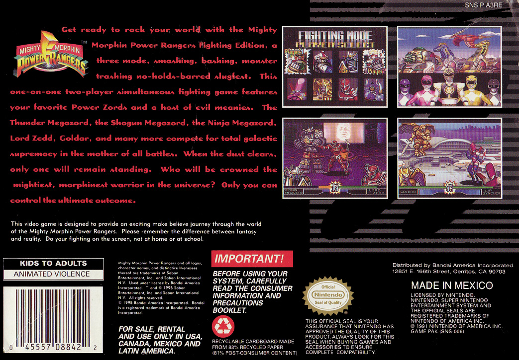 Mighty Morphin Power Rangers : The Fighting Edition — Box back