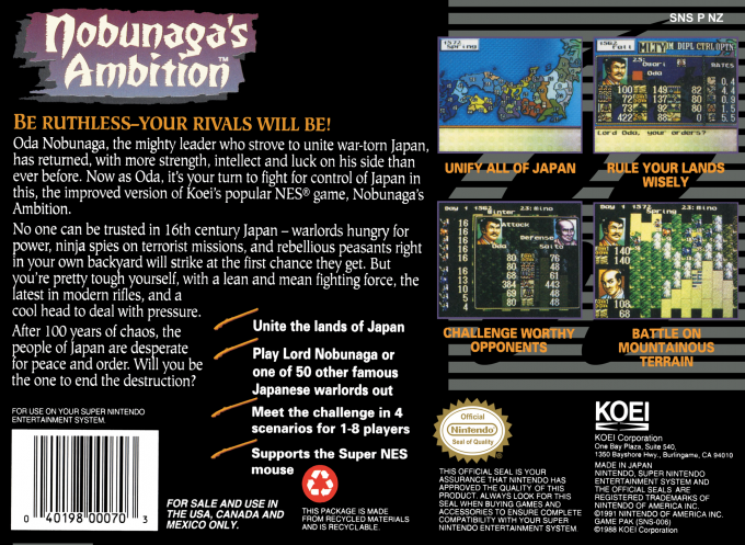 Nobunaga's Ambition — Box back