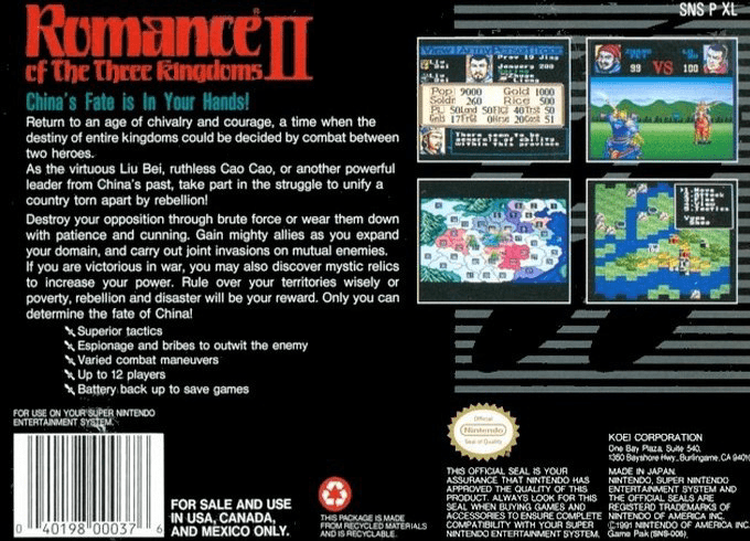 Romance of the Three Kingdoms II — Box back
