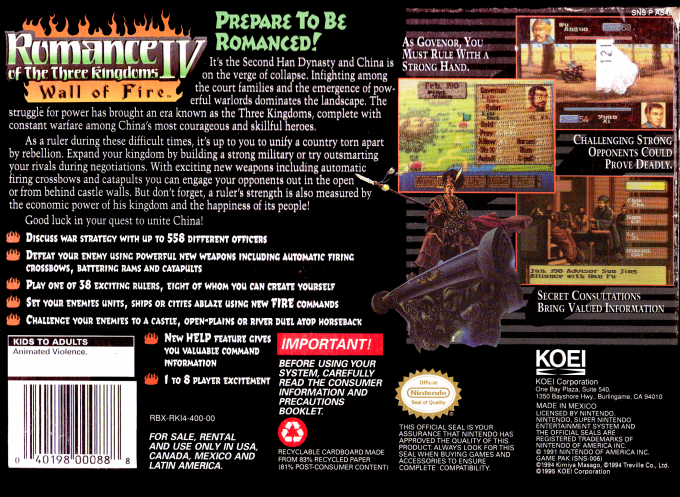 Romance of the Three Kingdoms IV : Wall of Fire — Box back