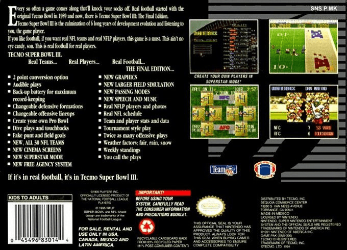 Tecmo Super Bowl III : Final Edition — Box back