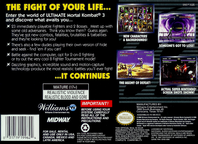 Ultimate Mortal Kombat 3 — Box back