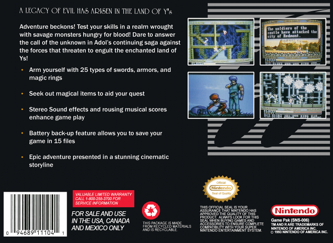Ys III : Wanderers from Ys — Box back